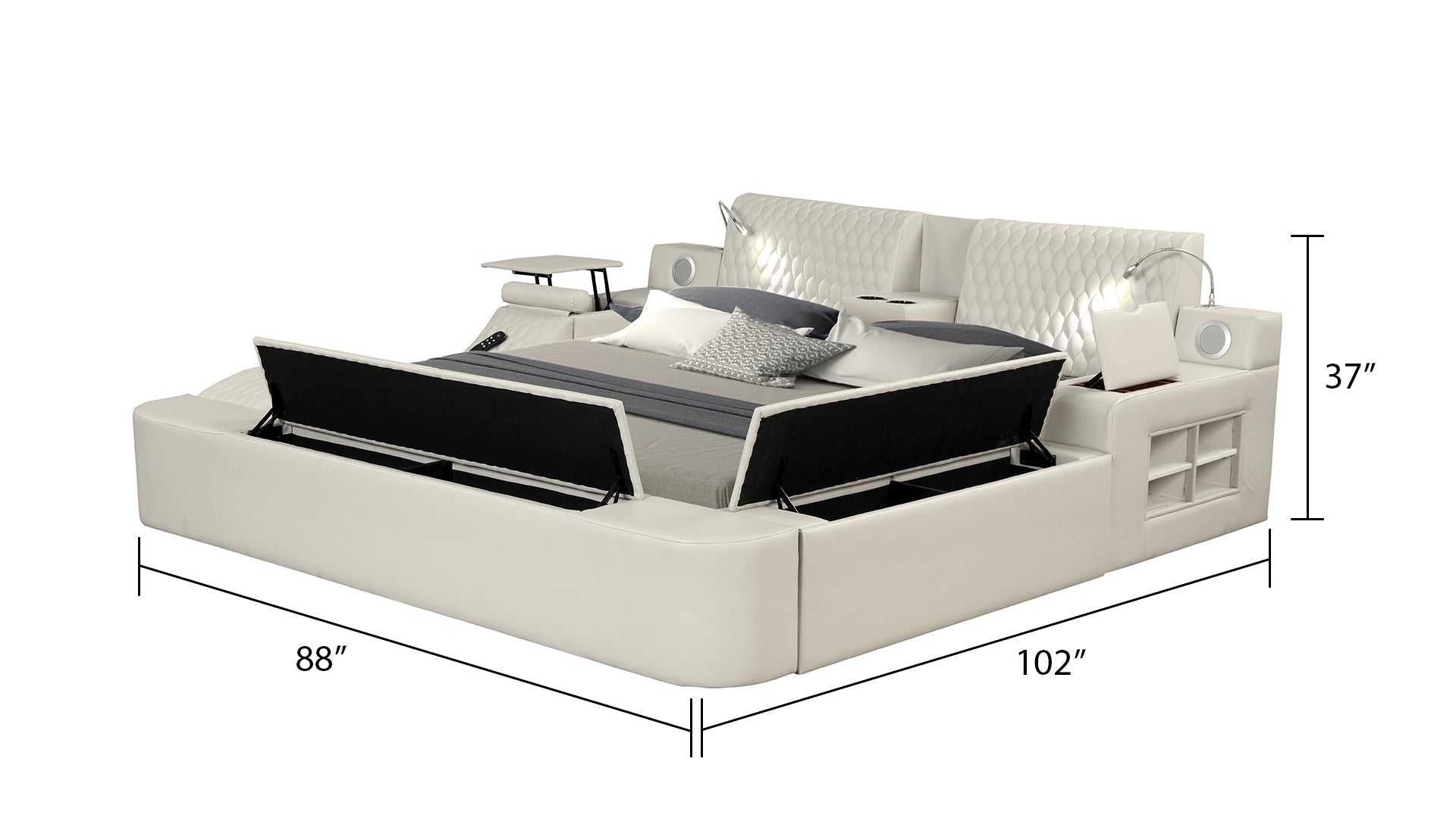 ZOYA Smart Multifunctional Queen Size Bed with Massager Made with Wood and Faux Leather in Beige(California Available Stock)