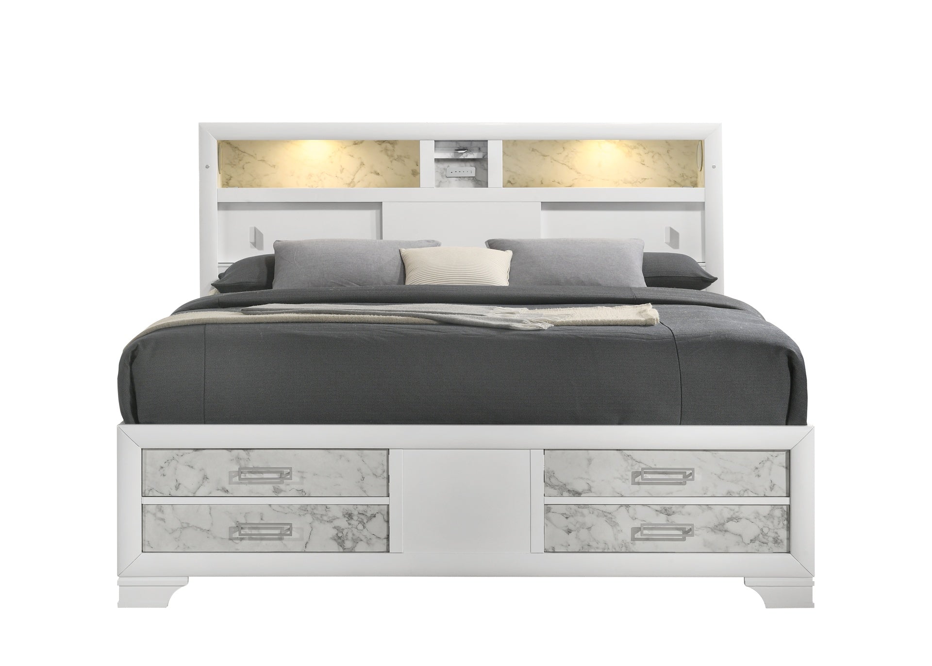 Soul Modern Style King Bed with Footboard drawers and shelves in the headboard Made with Wood in White (CA Inventory)