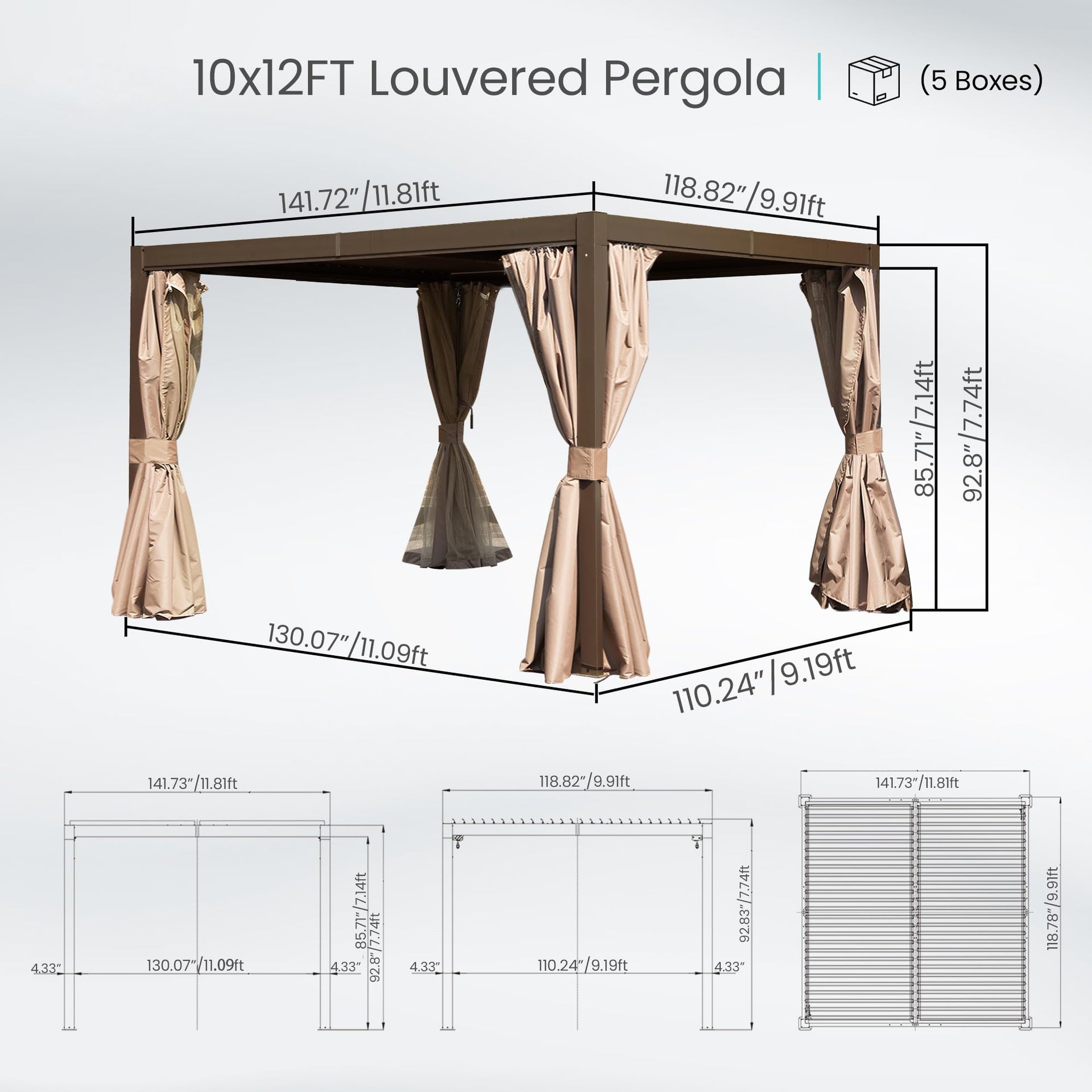 10x12 FT Outdoor Louvered Pergola with Adjustable Louvers-Brown