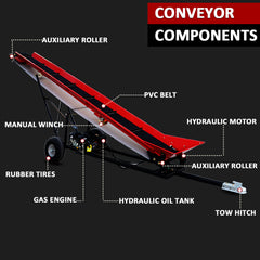 12-Inch Width PVC Belt Firewood Conveyor, 6.5HP 208cc Engine, 118 Inch / 9.8 FT. Max Height, Gasoline Powered Wood Conveyor Lifter Elevator, Red-Black Color