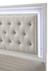 1pc Modern White Textured Finish Tufted Headboard Upholstered Integrated LED Lighting Queen Size Panel Bed Button Tufted Wooden Bedroom Furniture