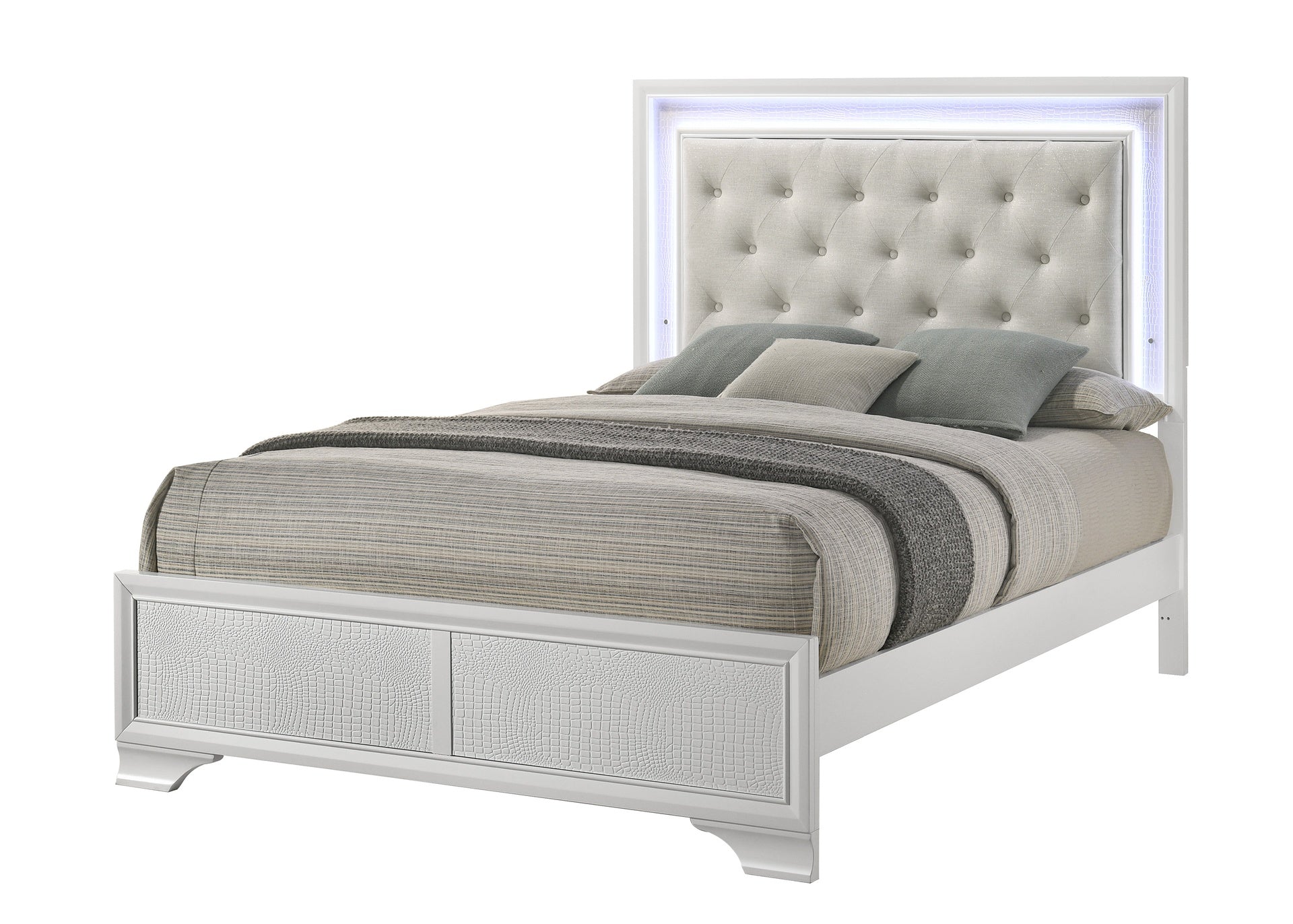 1pc Modern White Textured Finish Tufted Headboard Upholstered Integrated LED Lighting Queen Size Panel Bed Button Tufted Wooden Bedroom Furniture
