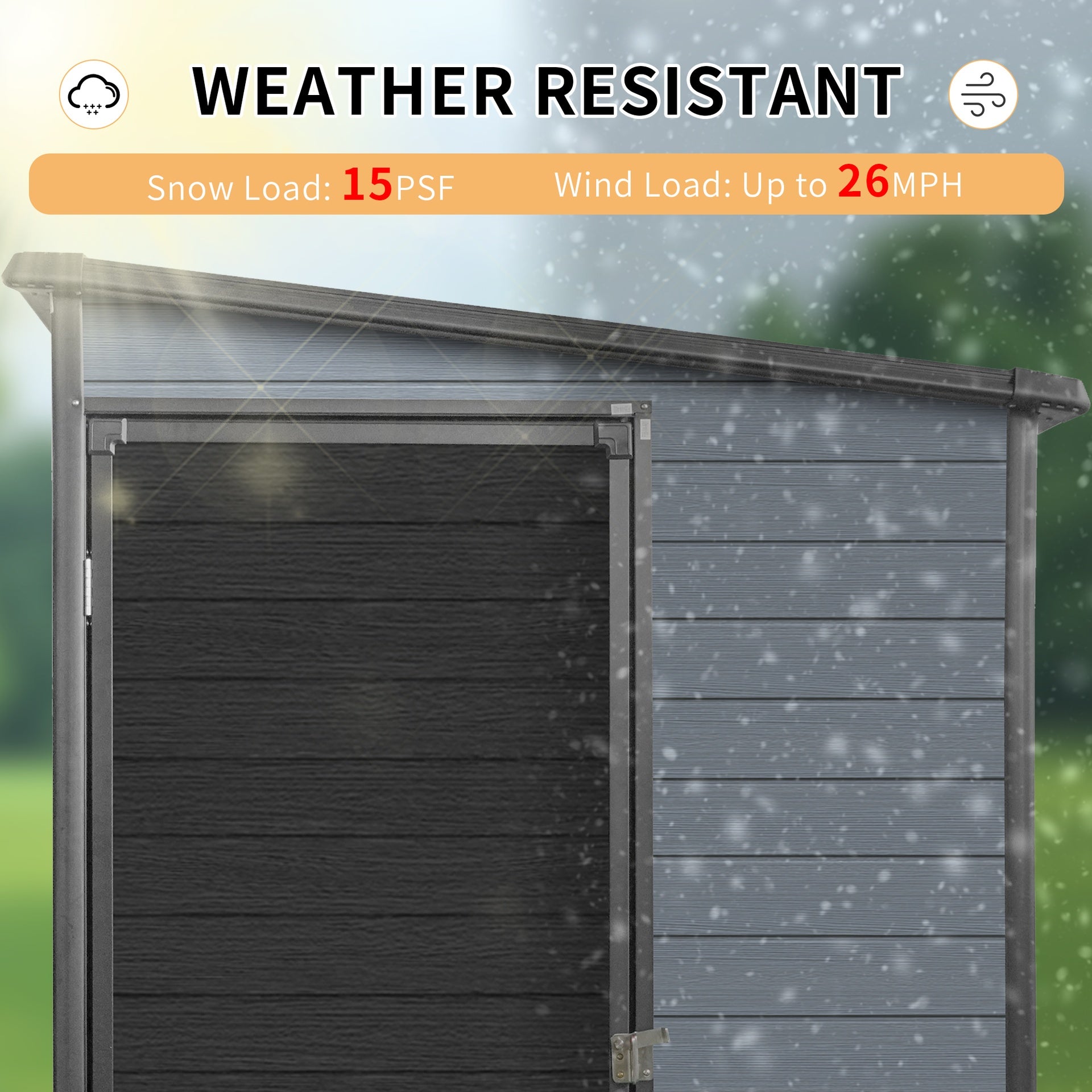 4x8ft Outdoor Resin Garden Shed with Floor and 2 Windows, Plastic Patio Outdoor Storage Shed with Lockable Door for Garden Tools, Bicycles, Trash Cans, Gray+Black(W2556S00008)