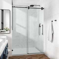 60*66"Fixed & Sliding Shower Door, Round Tube Hardware, Clear Glass Shower Door, 3/8″ (10mm) SGCC Tempered Glass, Stainless Steel