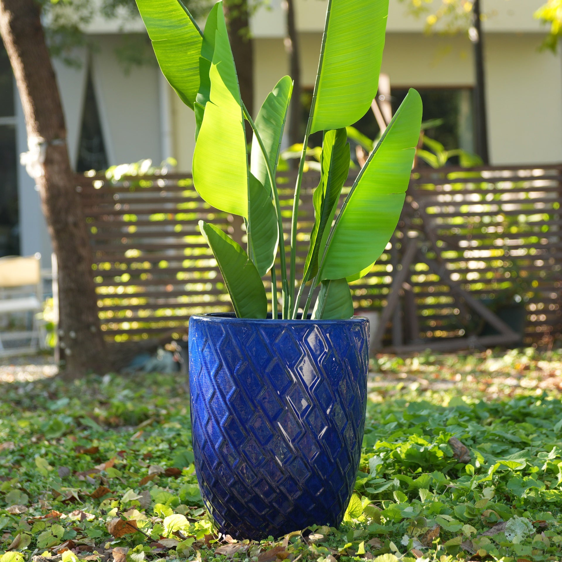 Handmade Ceramic Planter Pot, 17 Inch Diameter, 1 Piece, Navy Blue with Diamond Pattern, for Monstera Deliciosa and Fiddle Leaf Fig, Indoor/Outdoor Doorway Use, Breathable Clay