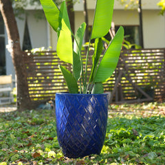 Handmade Ceramic Planter Pot, 17 Inch Diameter, 1 Piece, Navy Blue with Diamond Pattern, for Monstera Deliciosa and Fiddle Leaf Fig, Indoor/Outdoor Doorway Use, Breathable Clay