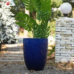 Handmade Ceramic Planter Pot, 17 Inch Diameter, 1 Piece, Navy Blue with Diamond Pattern, for Monstera Deliciosa and Fiddle Leaf Fig, Indoor/Outdoor Doorway Use, Breathable Clay