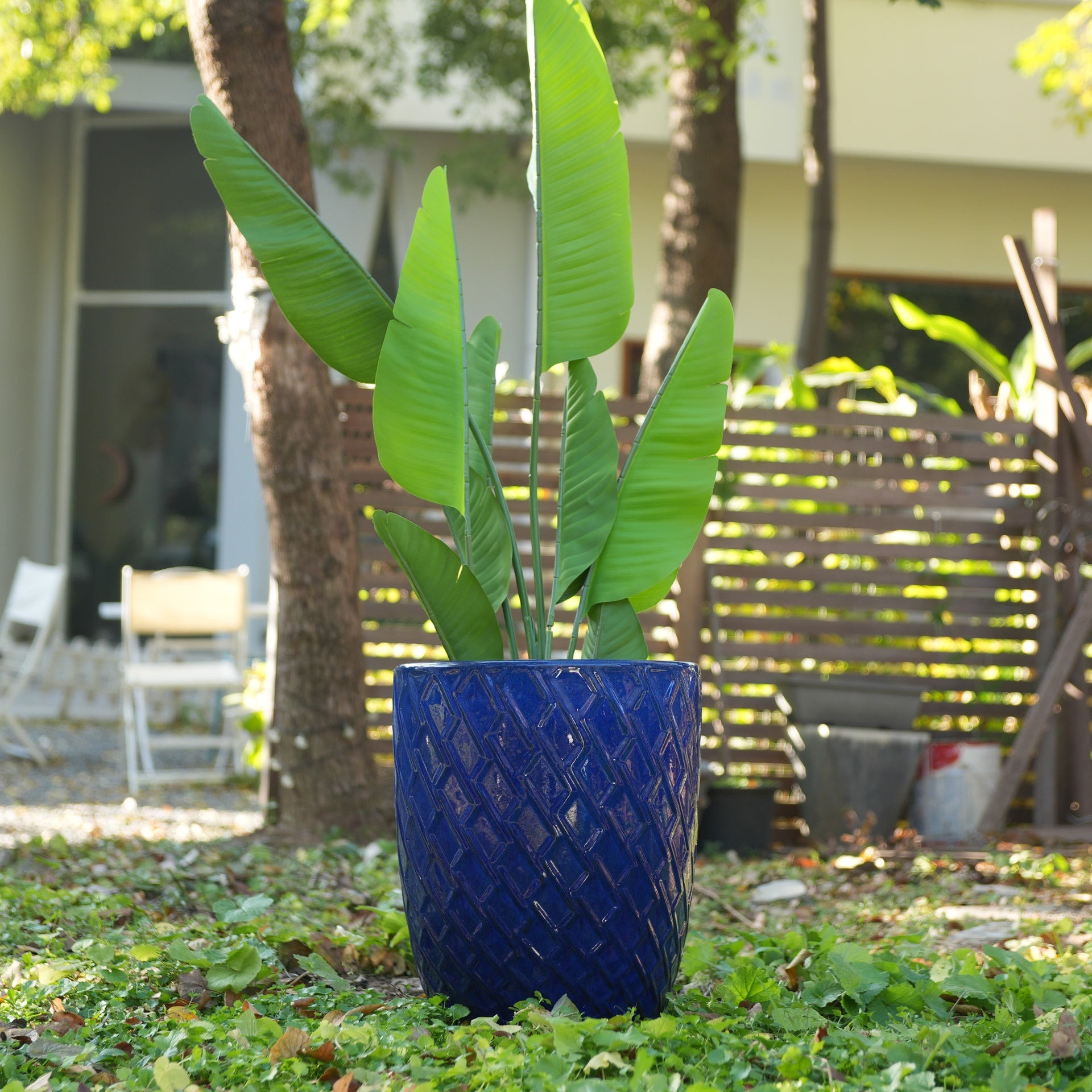 Handmade Ceramic Planter Pot, 17 Inch Diameter, 1 Piece, Navy Blue with Diamond Pattern, for Monstera Deliciosa and Fiddle Leaf Fig, Indoor/Outdoor Doorway Use, Breathable Clay