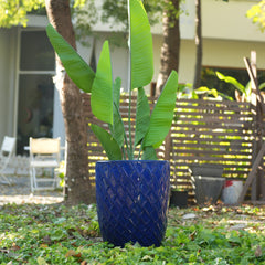 Handmade Ceramic Planter Pot, 17 Inch Diameter, 1 Piece, Navy Blue with Diamond Pattern, for Monstera Deliciosa and Fiddle Leaf Fig, Indoor/Outdoor Doorway Use, Breathable Clay