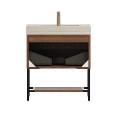 YOLAN 30" Bathroom Vanity&Sink, Freestanding Striped Plywood Storage Cabinet with Drawer&Open Shelf, Roma Travertine Sintered Stone Top&Undermount Ceramic Basin, Pre-assembled, Dark Walnut Woodgrain