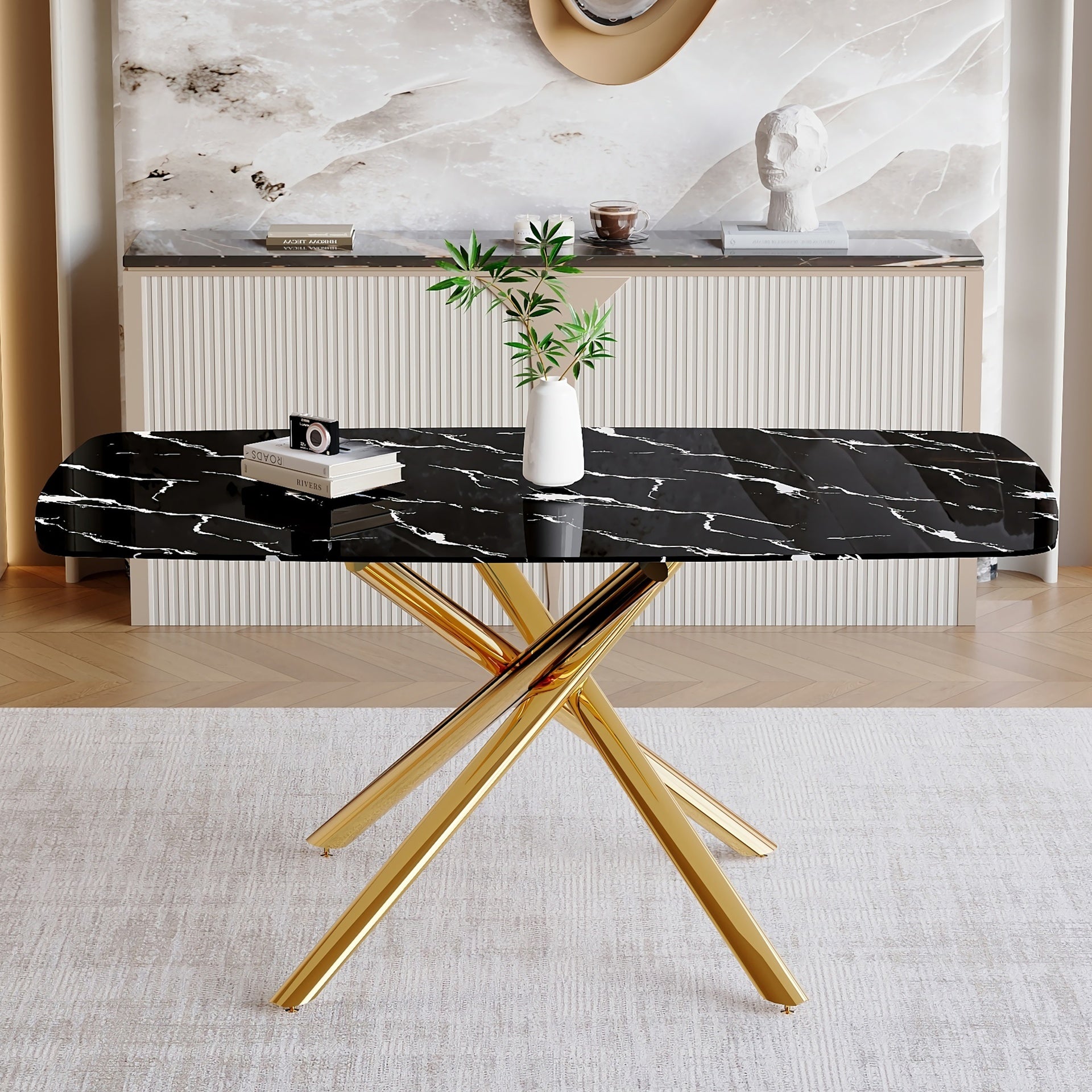 63"x35.4" Luxurious Black Marble-Patterned Tempered Glass Dining Table.Single Fork Golden Metal Table Legs.Tempered Glass Table Top,Golden Metal Leg.Adaptable To Various Decoration Styles.W1151S03298