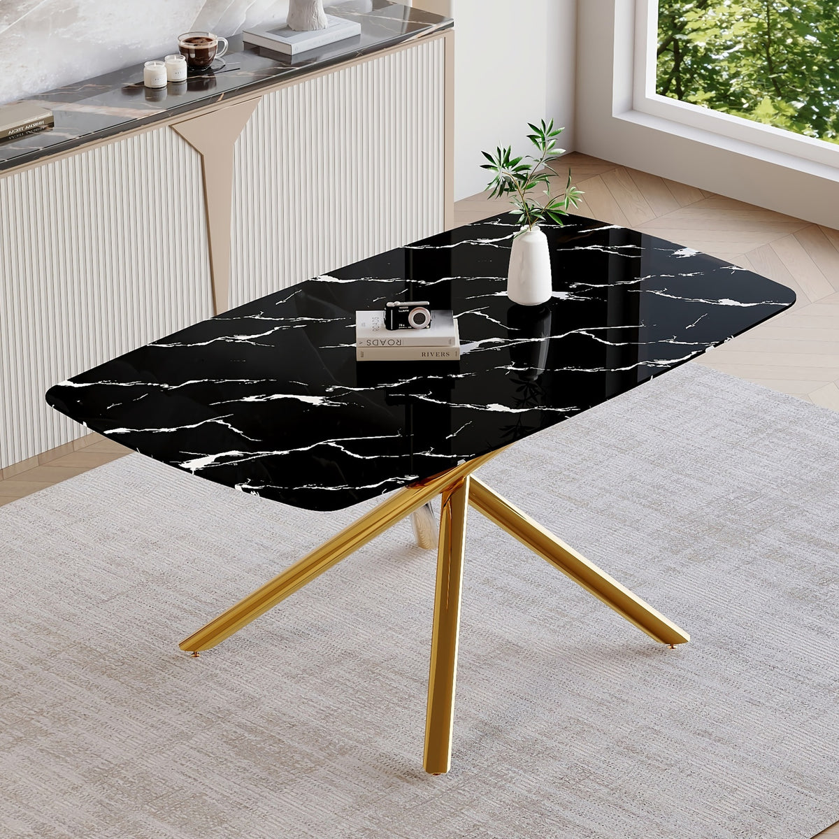63"x35.4" Luxurious Black Marble-Patterned Tempered Glass Dining Table.Single Fork Golden Metal Table Legs.Tempered Glass Table Top,Golden Metal Leg.Adaptable To Various Decoration Styles.W1151S03298