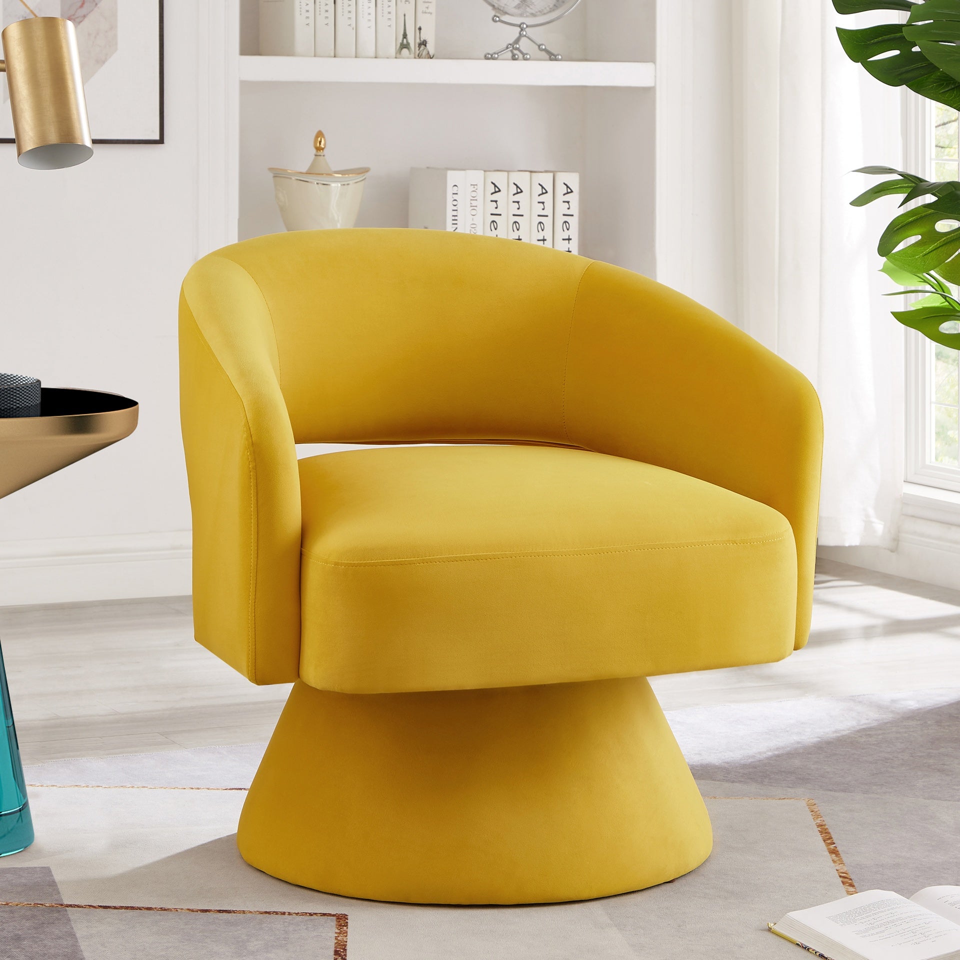 Modern Swivel Barrel Chair, Upholstered Velvet Round Accent Chairs,360 Degree Comfy Swivel Chair with Open Backrest, Single Chair Armchair for Living Room Bedroom, Homerest, Yellow