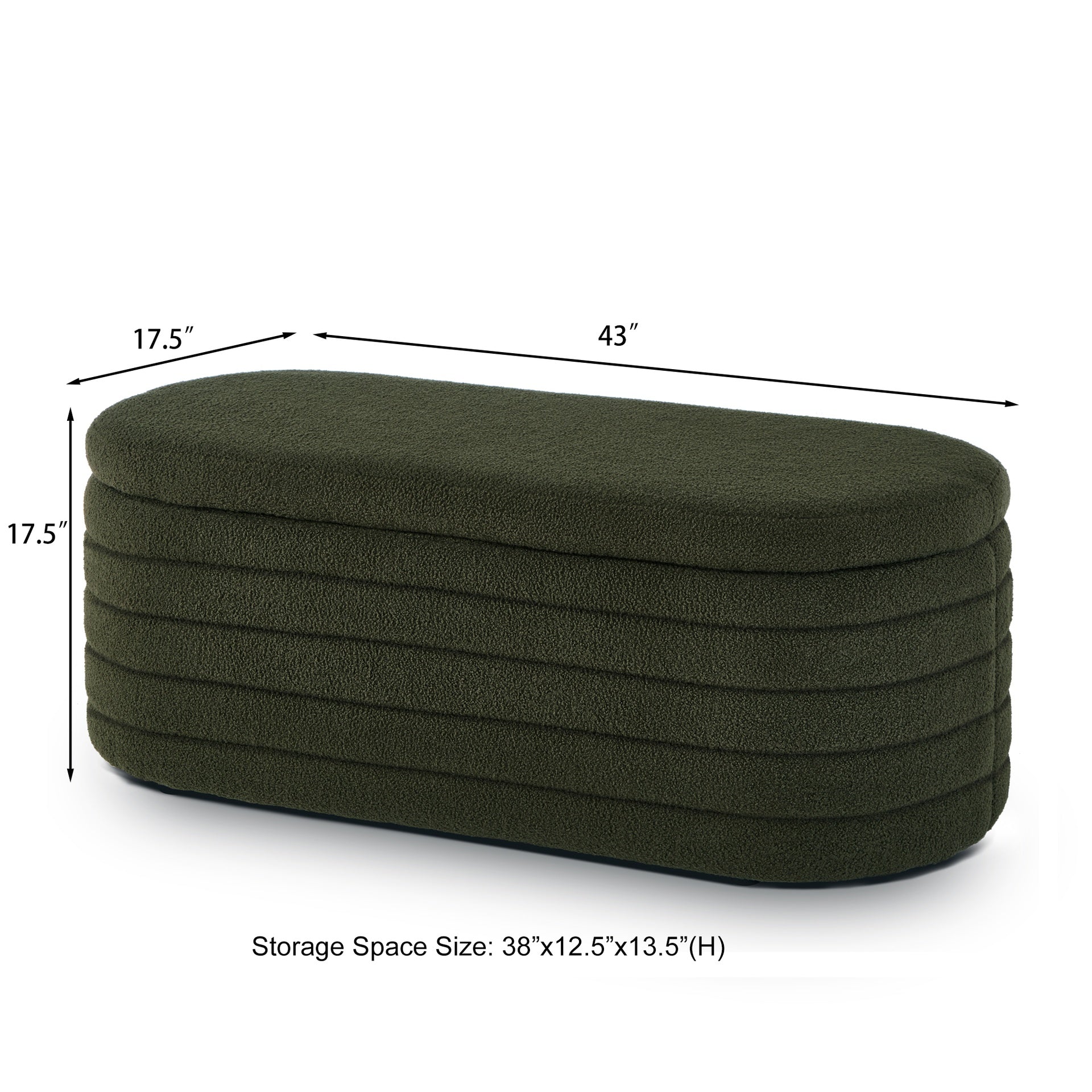 Modern Oval Storage Ottoman Bench, Upholstered Boucle Teddy Fabric End of Bed Bench with Storage, End of Bed Stool with Safety Hinge for Bedroom, Living Room, Entryway, Dark Green