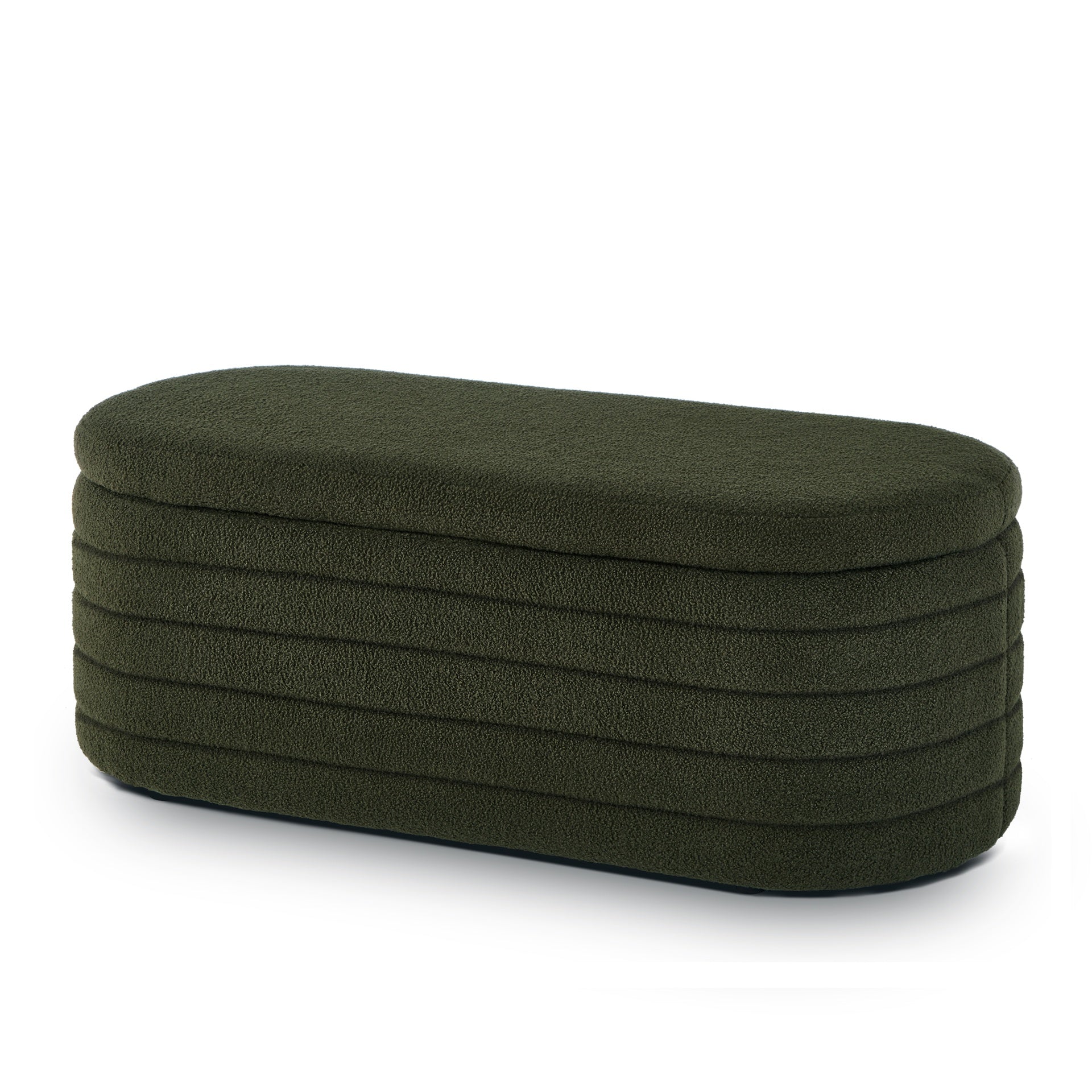 Modern Oval Storage Ottoman Bench, Upholstered Boucle Teddy Fabric End of Bed Bench with Storage, End of Bed Stool with Safety Hinge for Bedroom, Living Room, Entryway, Dark Green