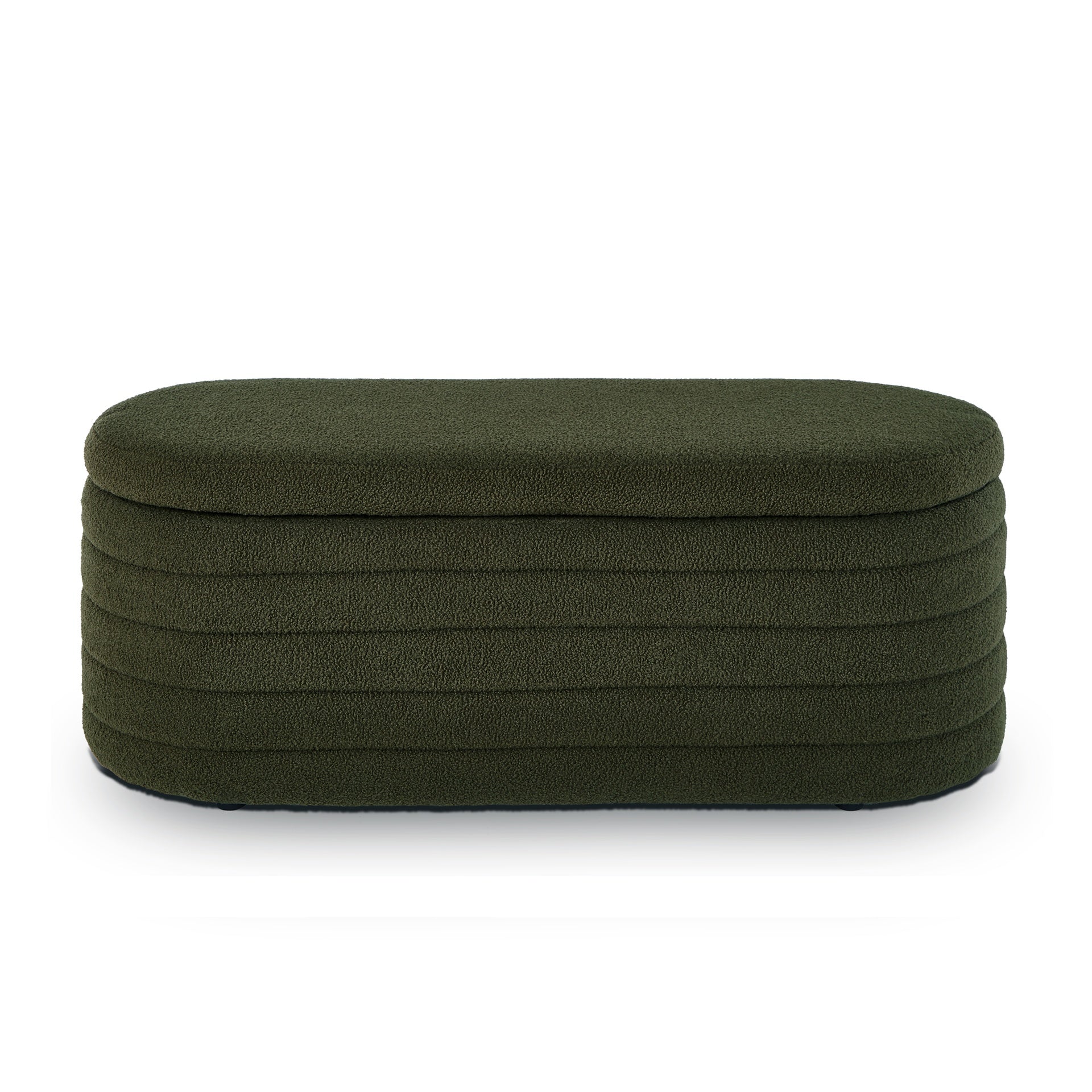 Modern Oval Storage Ottoman Bench, Upholstered Boucle Teddy Fabric End of Bed Bench with Storage, End of Bed Stool with Safety Hinge for Bedroom, Living Room, Entryway, Dark Green