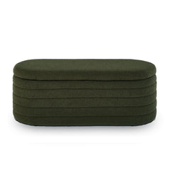 Modern Oval Storage Ottoman Bench, Upholstered Boucle Teddy Fabric End of Bed Bench with Storage, End of Bed Stool with Safety Hinge for Bedroom, Living Room, Entryway, Dark Green