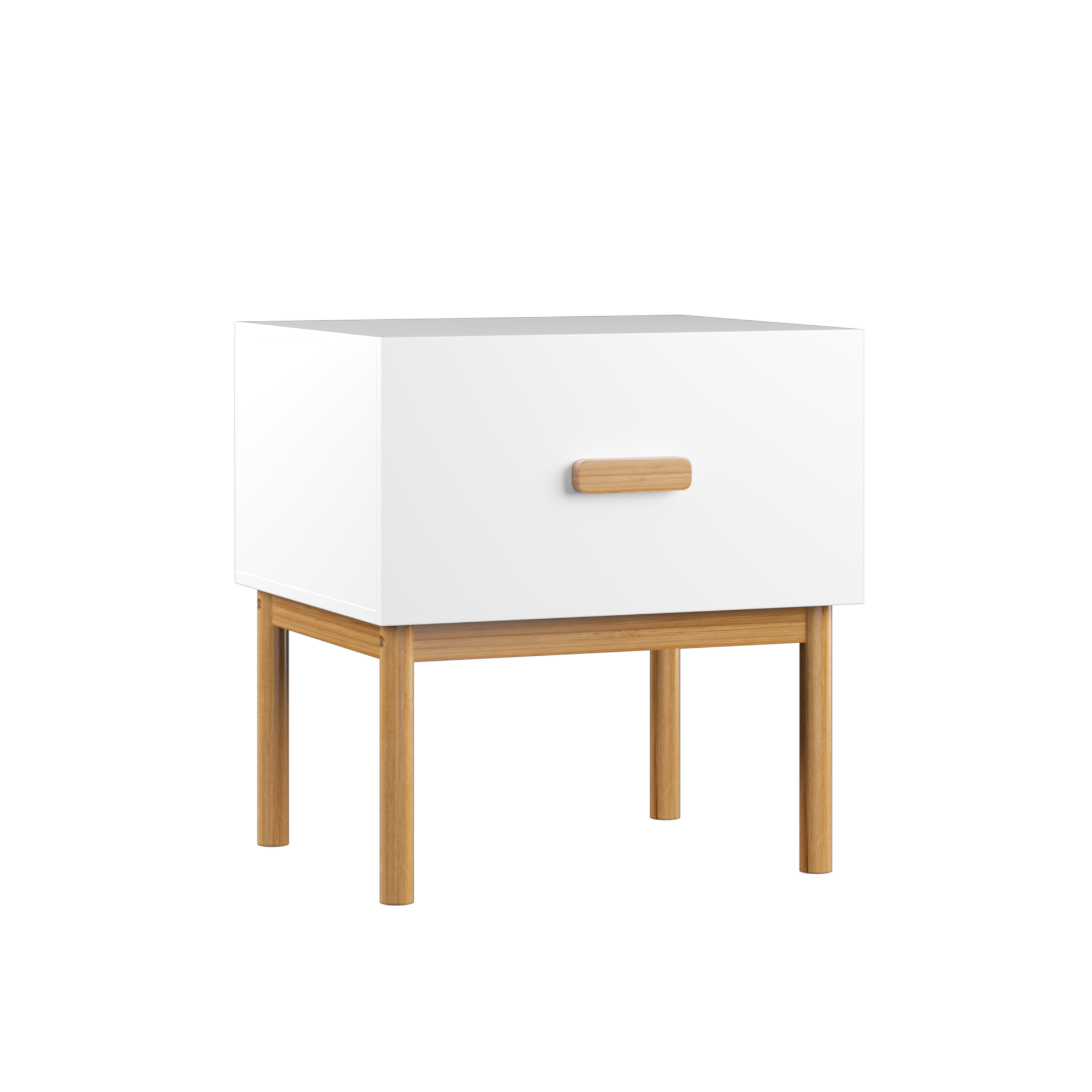 Modern White Nightstand with Drawer and Wood Legs, Minimalist Bedside Table with Handle for Bedroom, Living Room, Apartment