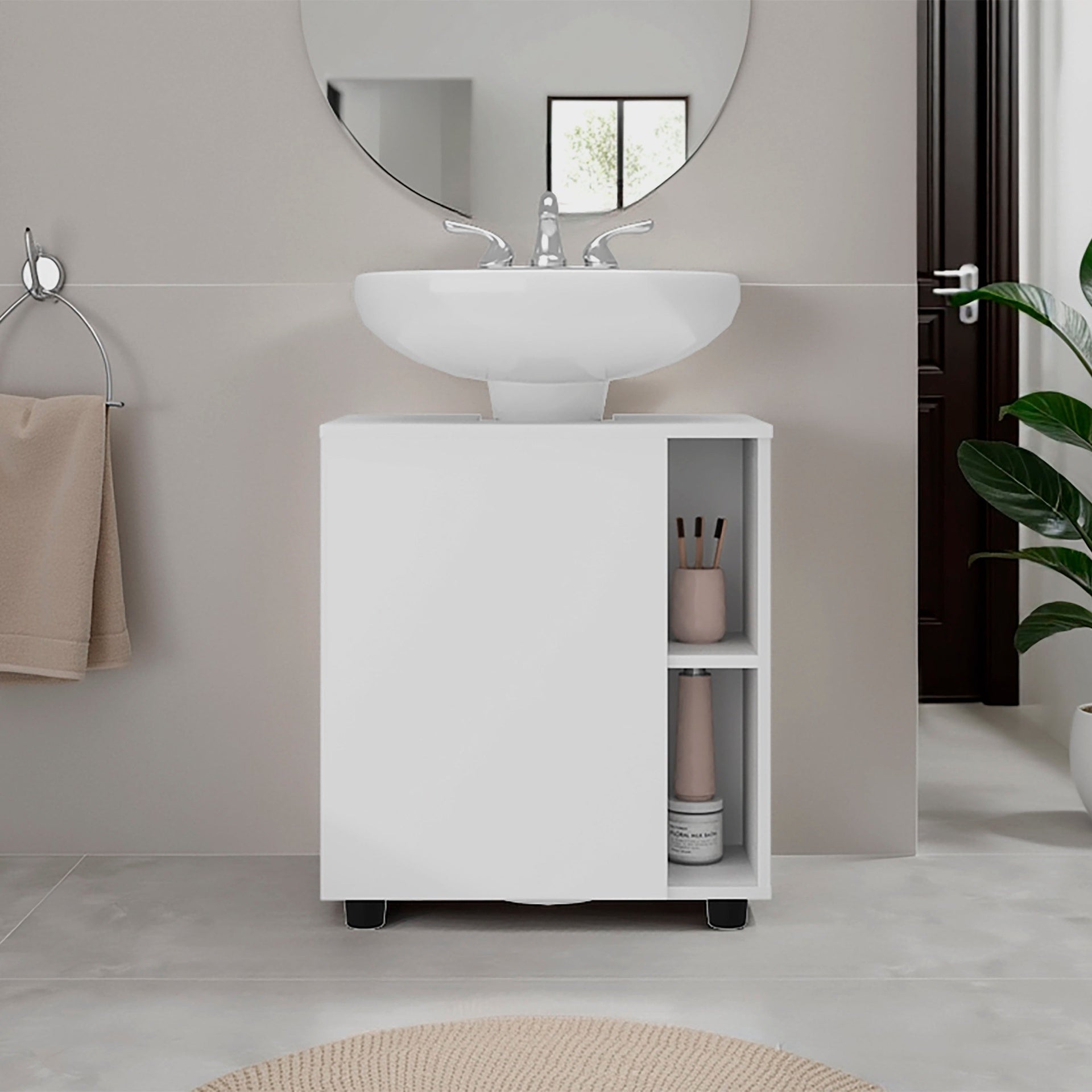 White 1-Door Pedestal Sink Cabinet with 5 Open Compartments