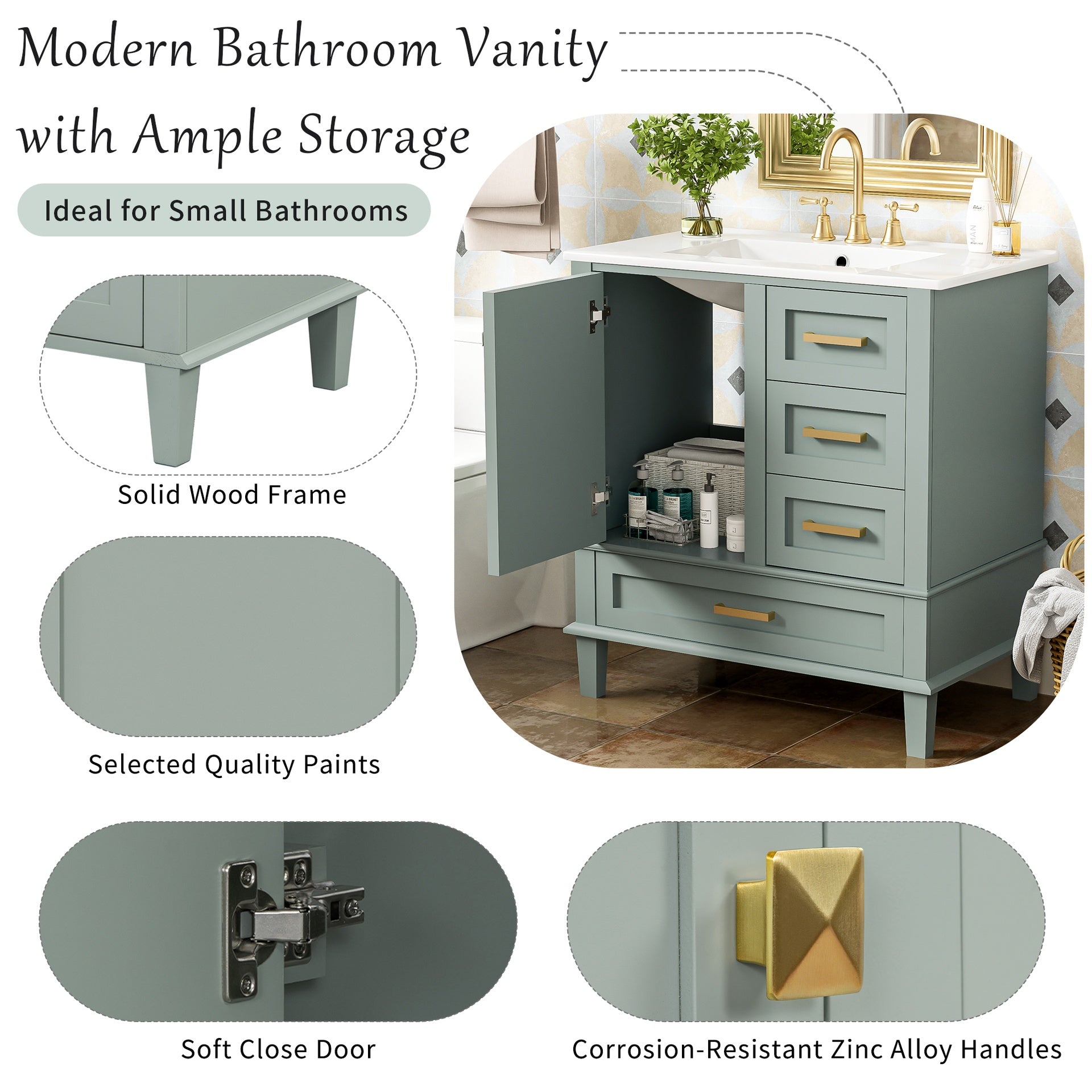 30" Bathroom Vanity , Modern Bathroom Cabinet with Sink Combo Set, Bathroom Storage Cabinet with a Soft Closing Door and 3 Drawers, Solid Wood Frame(Green)