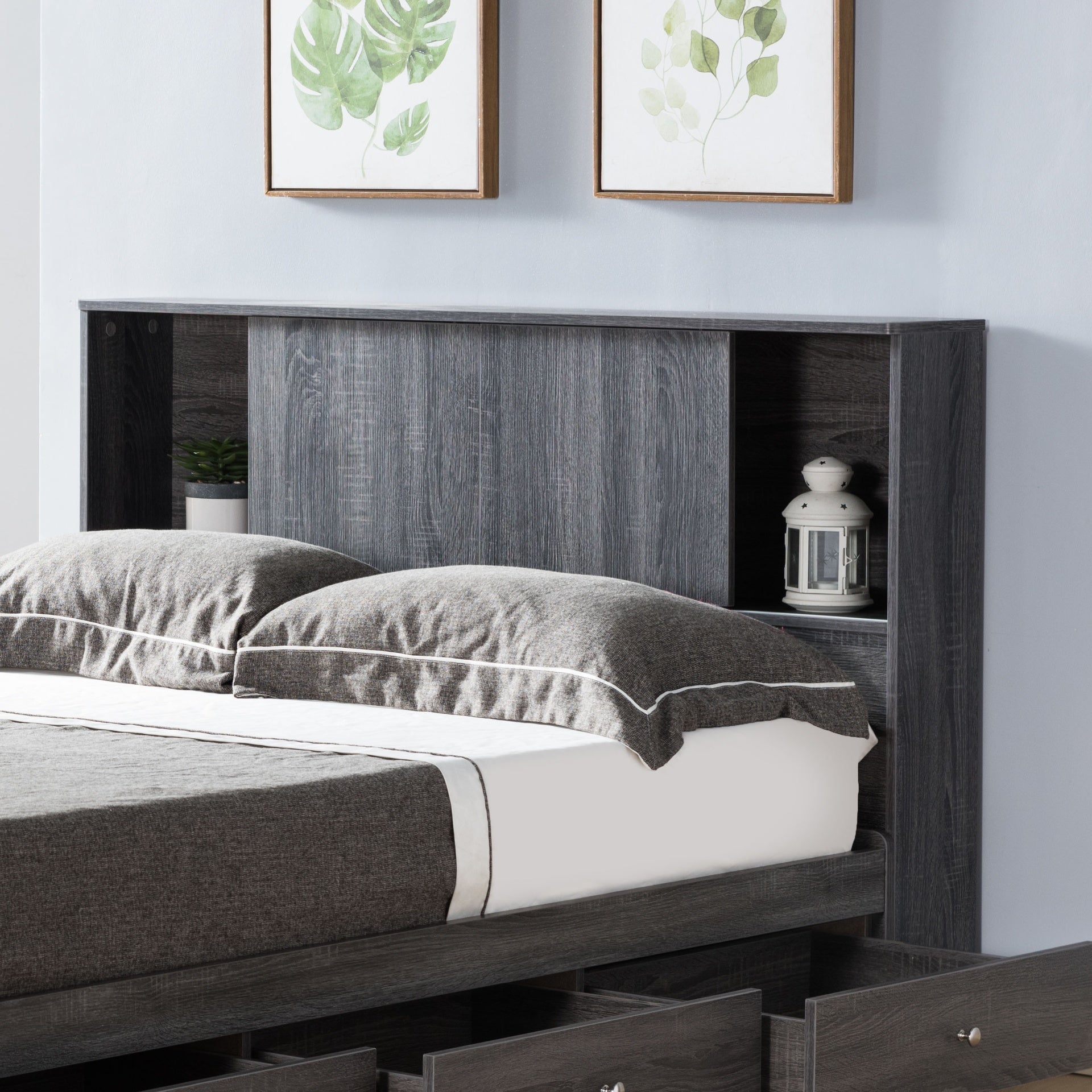 Twin Size Bookcase Headboard Stand Alone Two Sliding Doors Four Shelf Cubbies Spacer and dust panel Grey