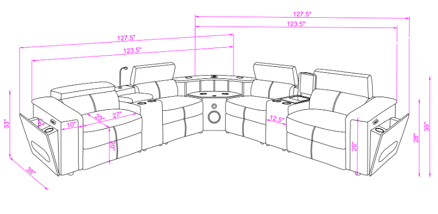 Nova Modern Style Sectional with  2 Consoles (Reading Light + Fridge), Wedge with Bluetooth speaker, LED and Lifting wine cabinet- Gray