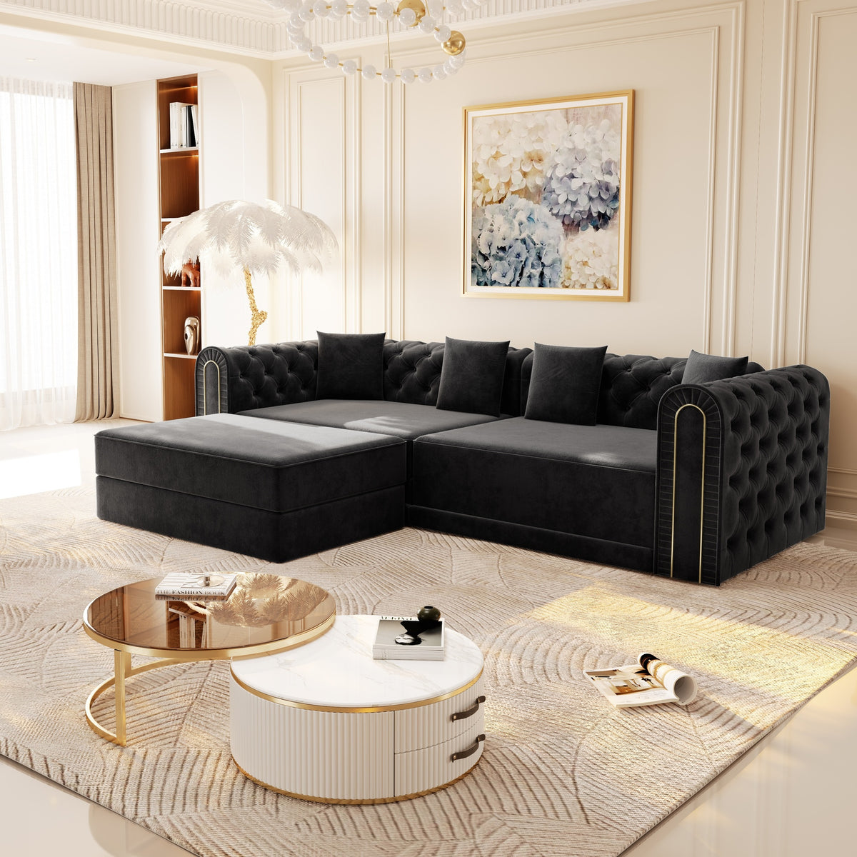 90.6" 3-in-1 Convertible Sleeper Sofa,Elegant Modern Couch with Button Tufted and Gold Edge Trim,3-Seater Couch with Movable Ottoman for Living Room,Apartment,Office,Bedroom,Black