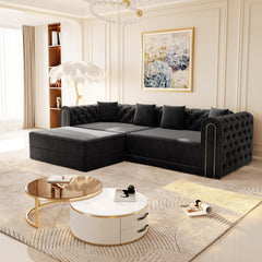 90.6" 3-in-1 Convertible Sleeper Sofa,Elegant Modern Couch with Button Tufted and Gold Edge Trim,3-Seater Couch with Movable Ottoman for Living Room,Apartment,Office,Bedroom,Black