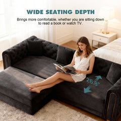 90.6" 3-in-1 Convertible Sleeper Sofa,Elegant Modern Couch with Button Tufted and Gold Edge Trim,3-Seater Couch with Movable Ottoman for Living Room,Apartment,Office,Bedroom,Black