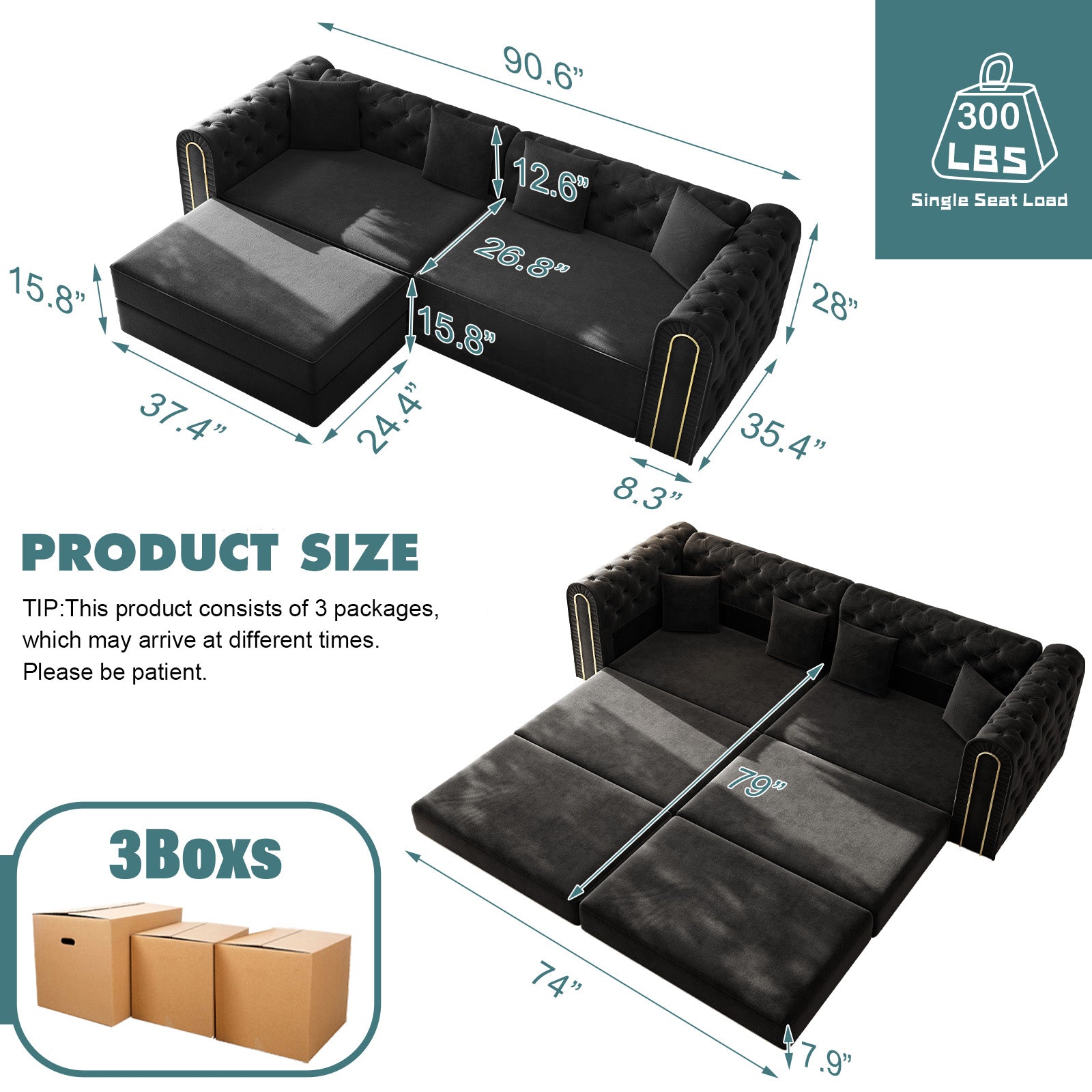 90.6" 3-in-1 Convertible Sleeper Sofa,Elegant Modern Couch with Button Tufted and Gold Edge Trim,3-Seater Couch with Movable Ottoman for Living Room,Apartment,Office,Bedroom,Black