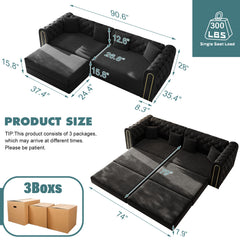 90.6" 3-in-1 Convertible Sleeper Sofa,Elegant Modern Couch with Button Tufted and Gold Edge Trim,3-Seater Couch with Movable Ottoman for Living Room,Apartment,Office,Bedroom,Black