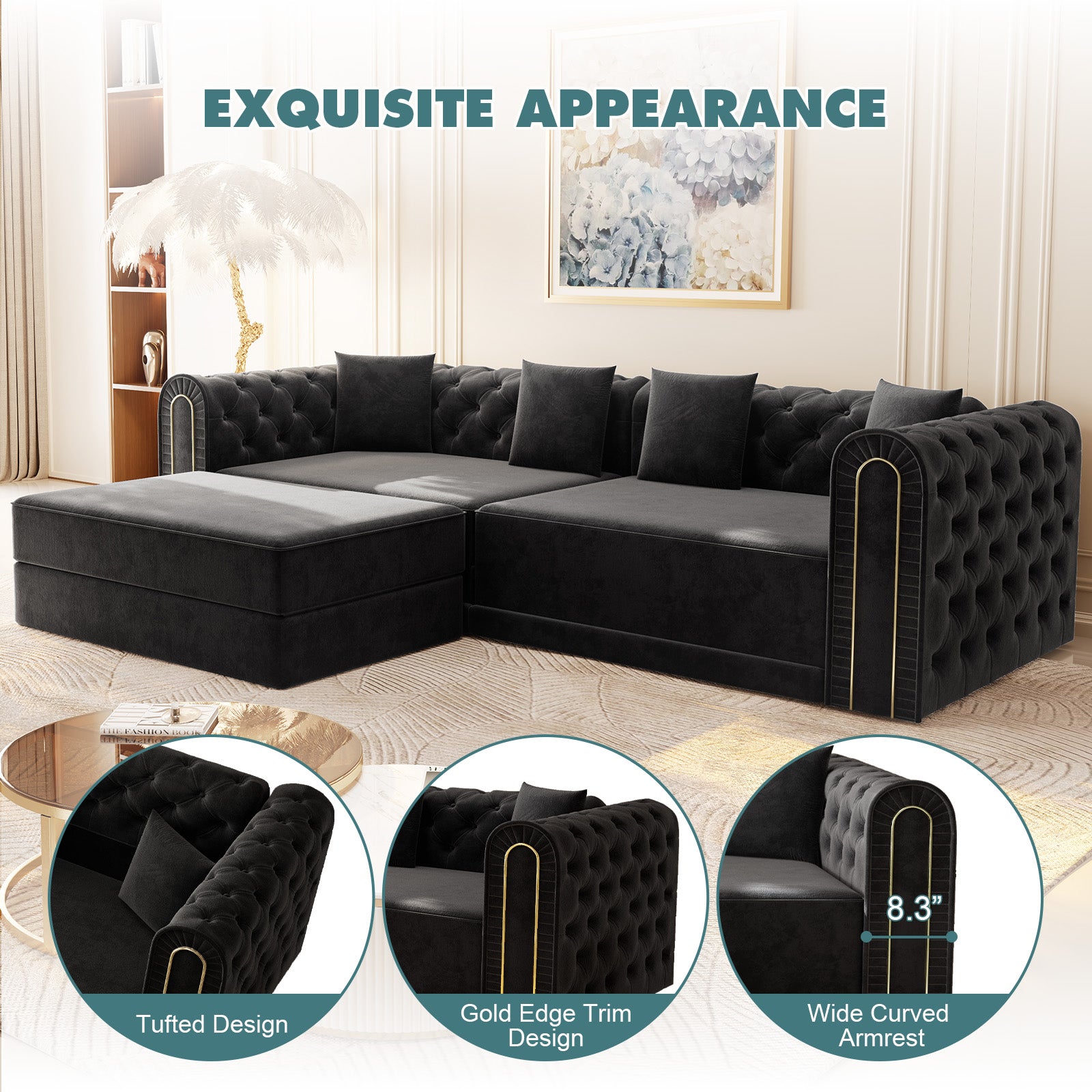 90.6" 3-in-1 Convertible Sleeper Sofa,Elegant Modern Couch with Button Tufted and Gold Edge Trim,3-Seater Couch with Movable Ottoman for Living Room,Apartment,Office,Bedroom,Black