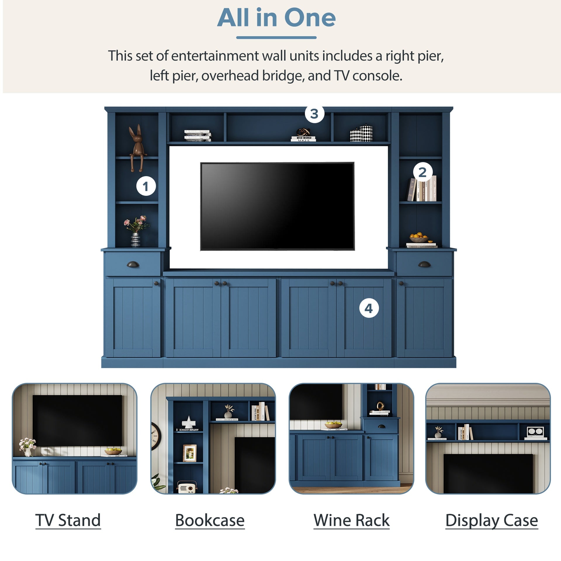 Minimalist Entertainment Wall Unit Set with Bridge for TVs Up to 75'', Ample Storage Space TV Stand with Adjustable Shelves, Modernist Large Media Console for Living Room, Blue