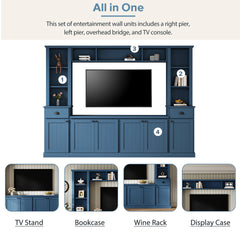 Minimalist Entertainment Wall Unit Set with Bridge for TVs Up to 75'', Ample Storage Space TV Stand with Adjustable Shelves, Modernist Large Media Console for Living Room, Blue