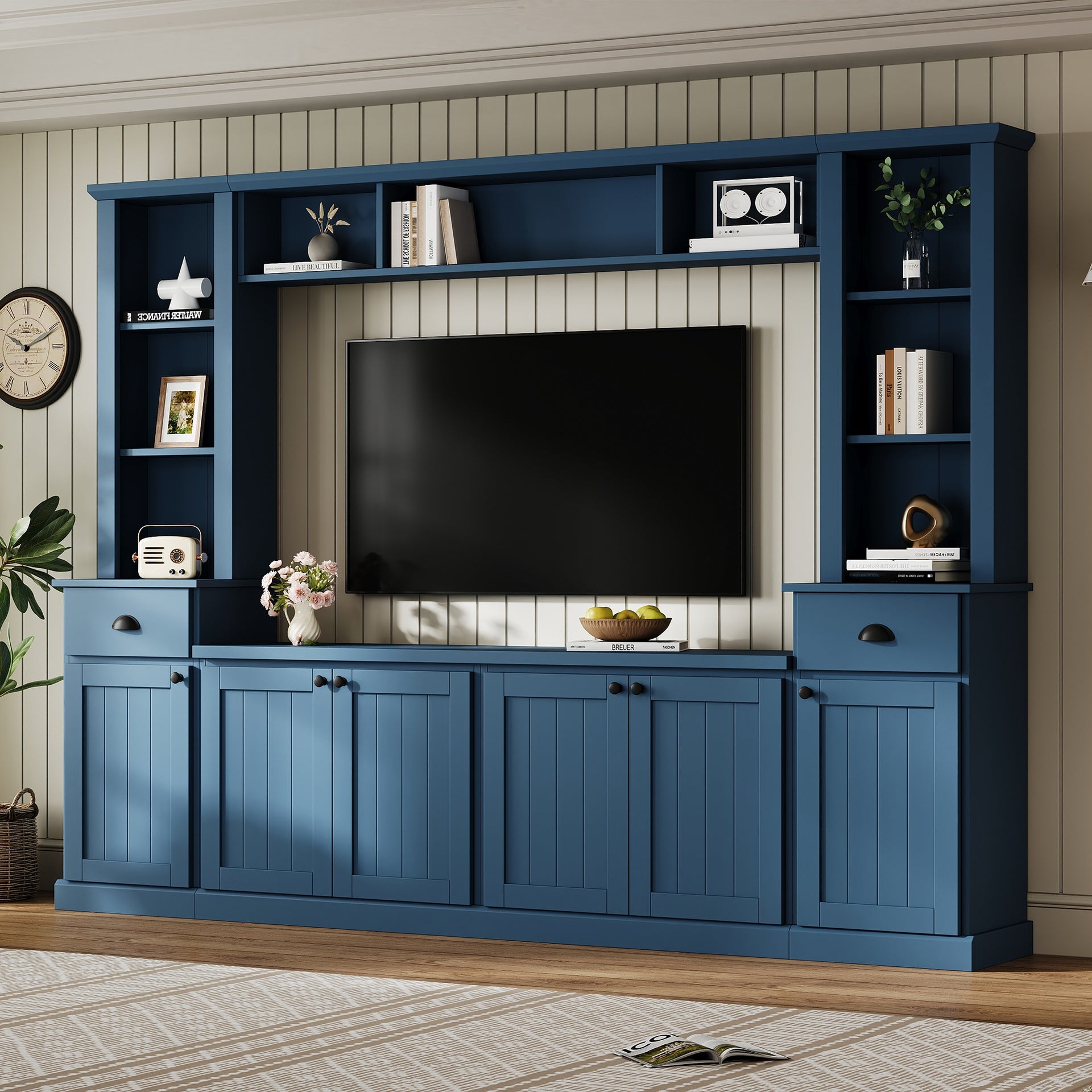 Minimalist Entertainment Wall Unit Set with Bridge for TVs Up to 75'', Ample Storage Space TV Stand with Adjustable Shelves, Modernist Large Media Console for Living Room, Blue
