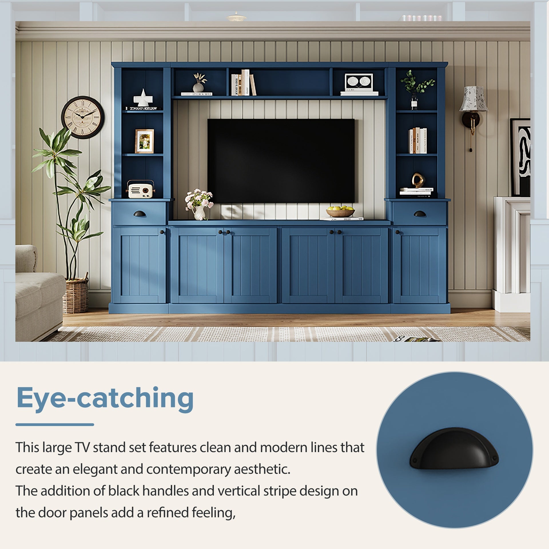 Minimalist Entertainment Wall Unit Set with Bridge for TVs Up to 75'', Ample Storage Space TV Stand with Adjustable Shelves, Modernist Large Media Console for Living Room, Blue
