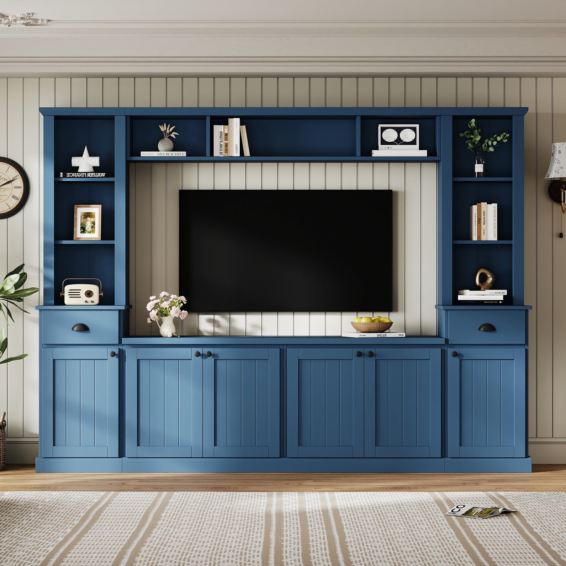 Minimalist Entertainment Wall Unit Set with Bridge for TVs Up to 75'', Ample Storage Space TV Stand with Adjustable Shelves, Modernist Large Media Console for Living Room, Blue