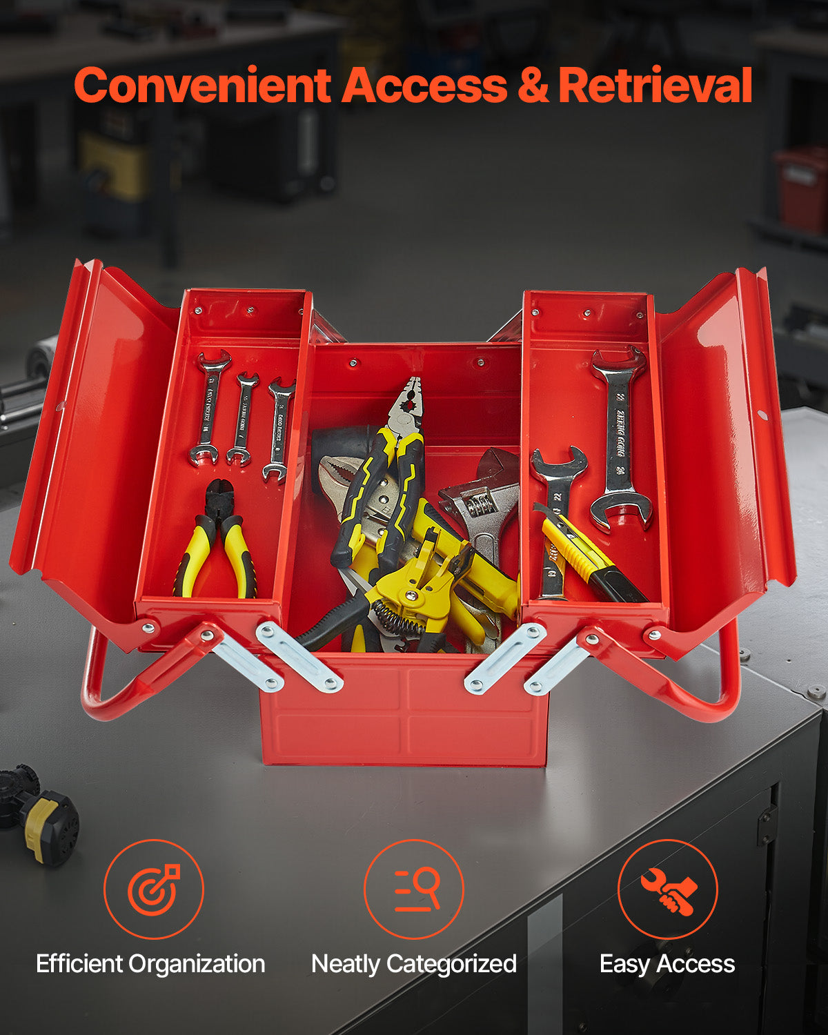 Tool Box 14-inch 2-Tier 3-Tray Folding Cantilever Toolbox with Handle Red