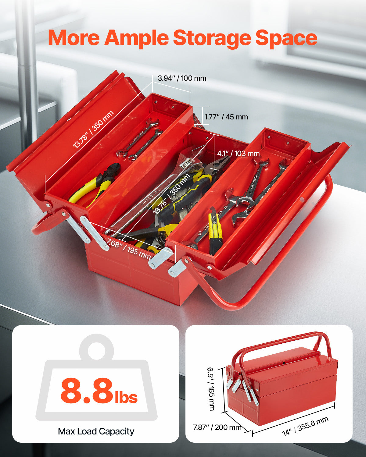 Tool Box 14-inch 2-Tier 3-Tray Folding Cantilever Toolbox with Handle Red