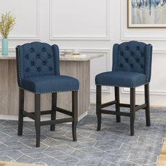 Vienna Contemporary Fabric Tufted Wingback 27 Inch Counter Stools, Set of 2, Navy Blue and Dark Brown