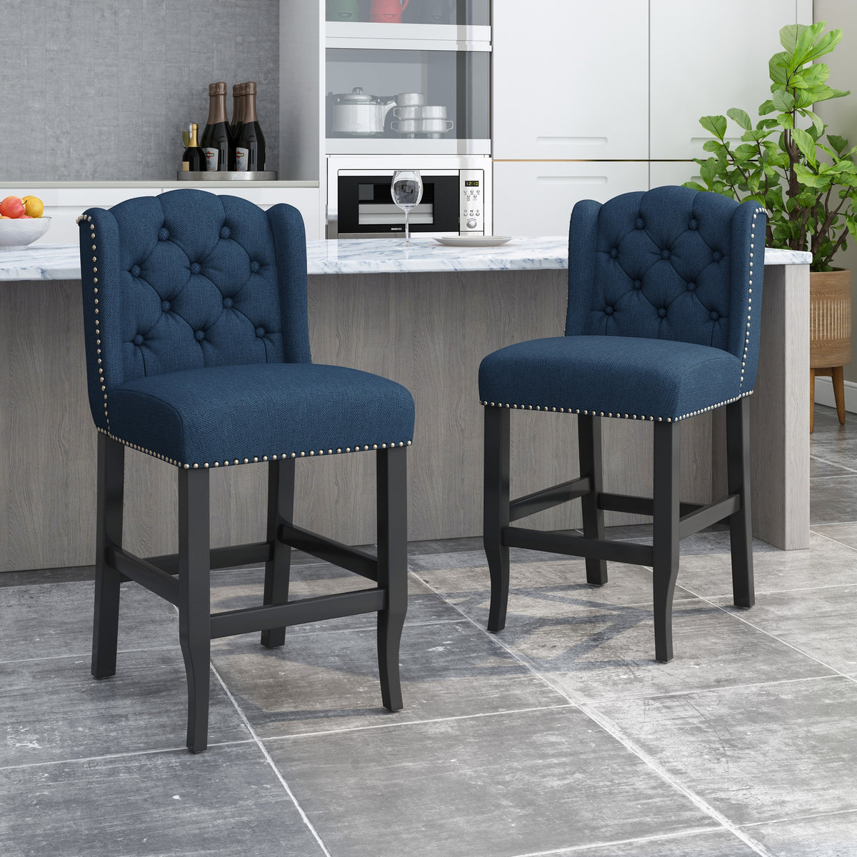 Vienna Contemporary Fabric Tufted Wingback 27 Inch Counter Stools, Set of 2, Navy Blue and Dark Brown