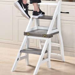 Solid Wood Foldable Ladder Chair, Dual-Purpose Step Ladder & Display Stand, Rustic Farmhouse Design, for Home, Library, Kitchen