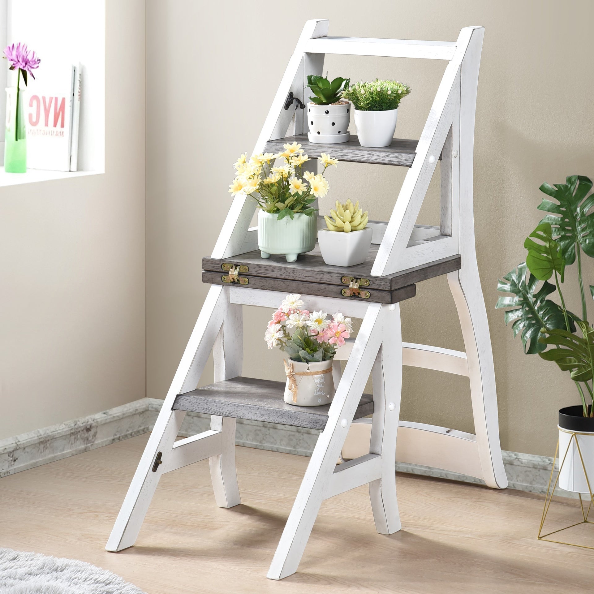 Solid Wood Foldable Ladder Chair, Dual-Purpose Step Ladder & Display Stand, Rustic Farmhouse Design, for Home, Library, Kitchen
