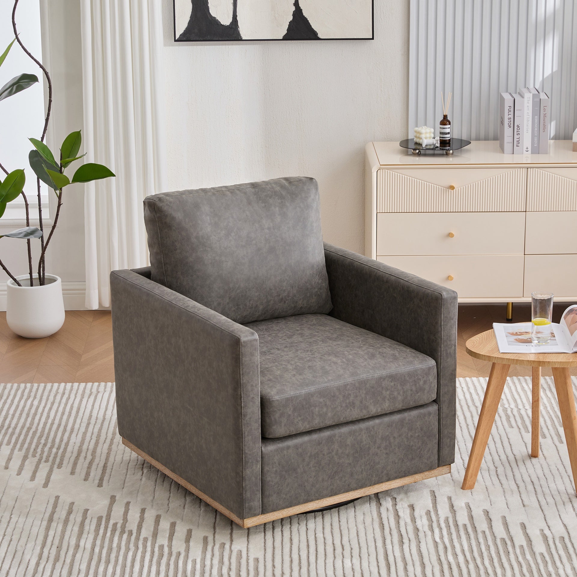 30.7"W Upholstered Square Swivel Accent Chair and Comfy Accent Single Sofa Chair, 360 Degree Club Chair, Lounge Armchair for Living Room Bedroom Apartment Nursery.Gray PU