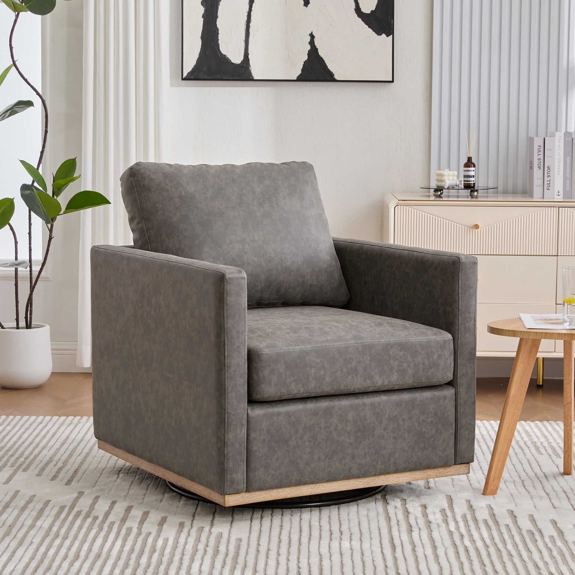 30.7"W Upholstered Square Swivel Accent Chair and Comfy Accent Single Sofa Chair, 360 Degree Club Chair, Lounge Armchair for Living Room Bedroom Apartment Nursery.Gray PU