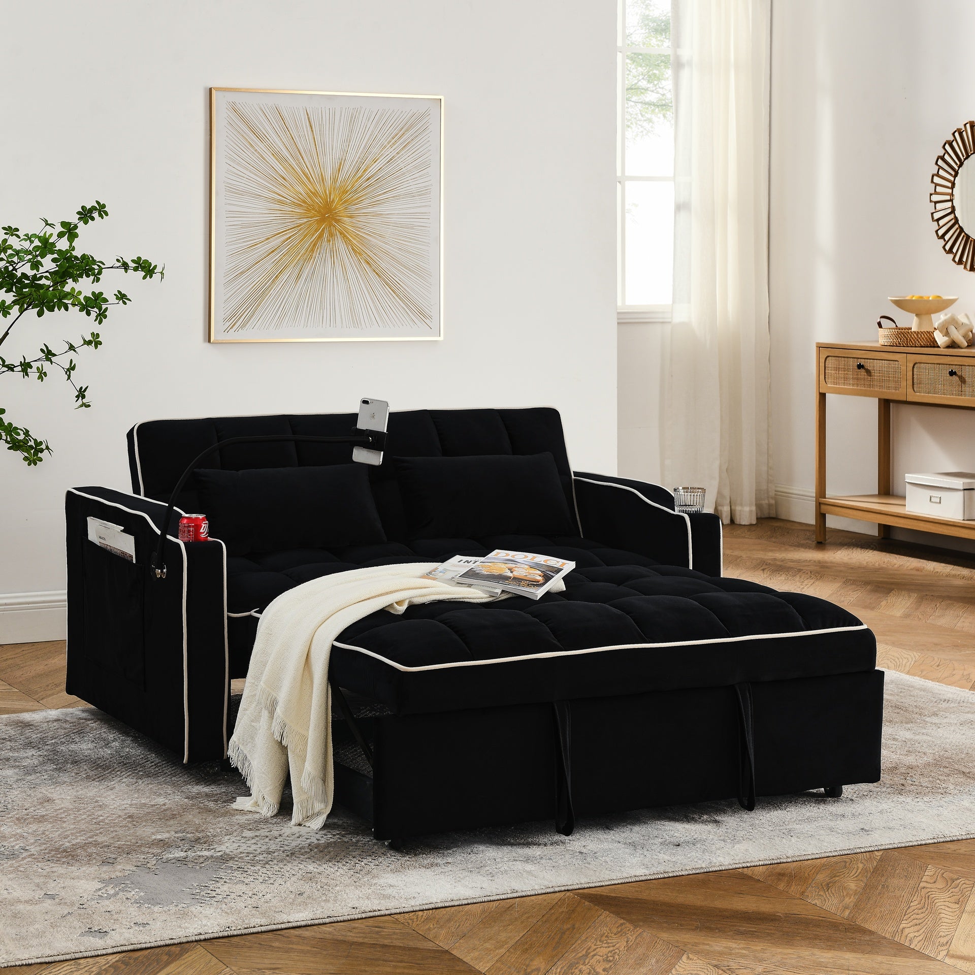 55.51 inch versatile foldable sofa bed in 3 lengths, modern sofa sofa sofa velvet pull-out bed, adjustable back and with USB port and ashtray and swivel phone stand (Black)