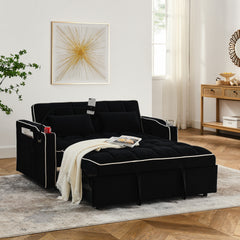 55.51 inch versatile foldable sofa bed in 3 lengths, modern sofa sofa sofa velvet pull-out bed, adjustable back and with USB port and ashtray and swivel phone stand (Black)