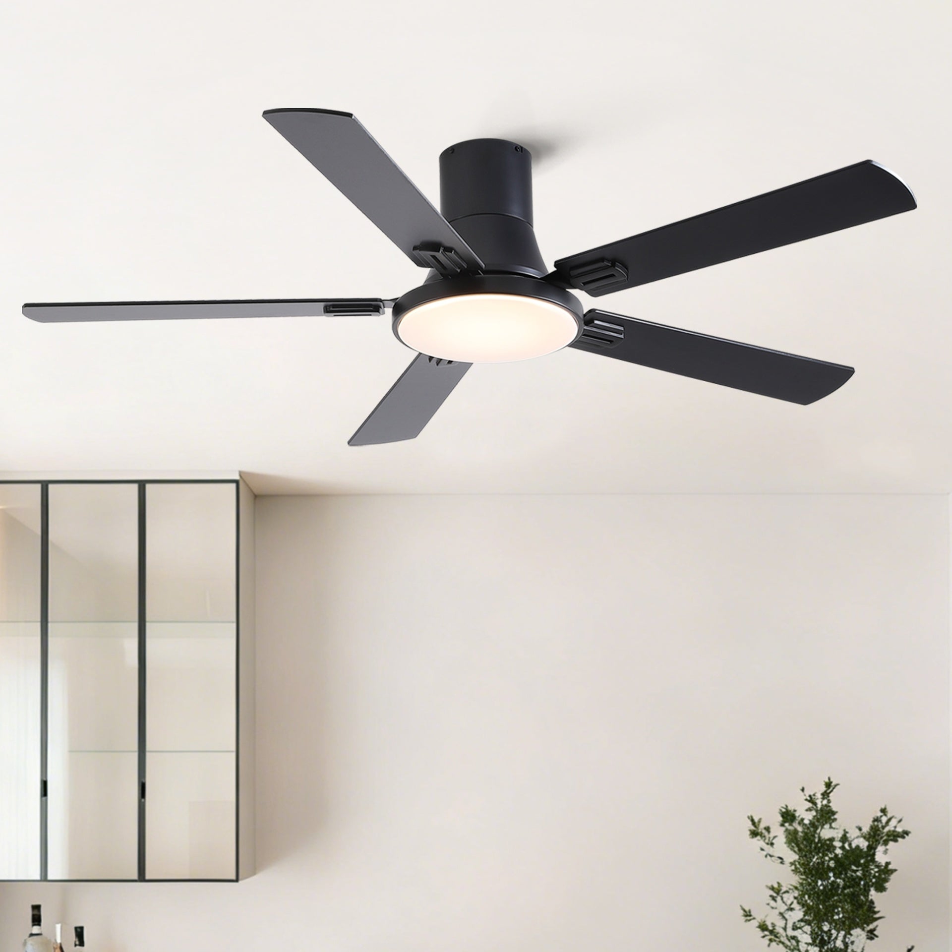 52 inch Mordern Minimalism Black Flush Mount Ceiling Fan with Light and Double-Sized Blades