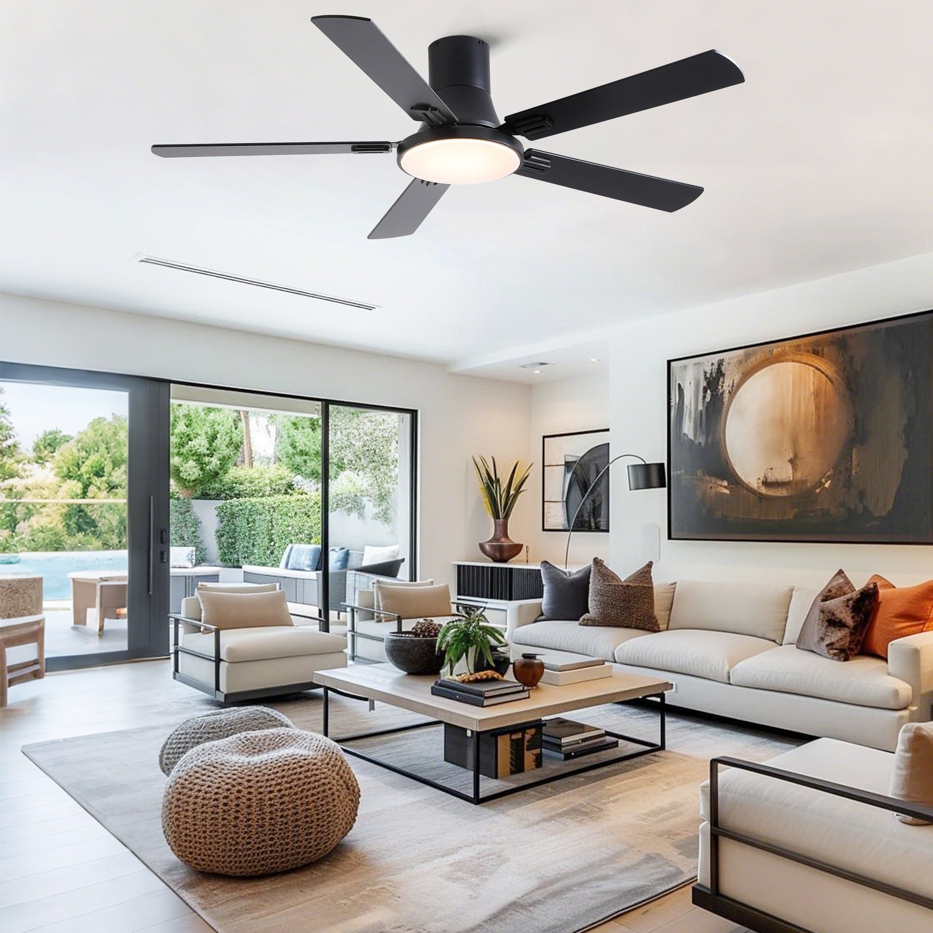 52 inch Mordern Minimalism Black Flush Mount Ceiling Fan with Light and Double-Sized Blades