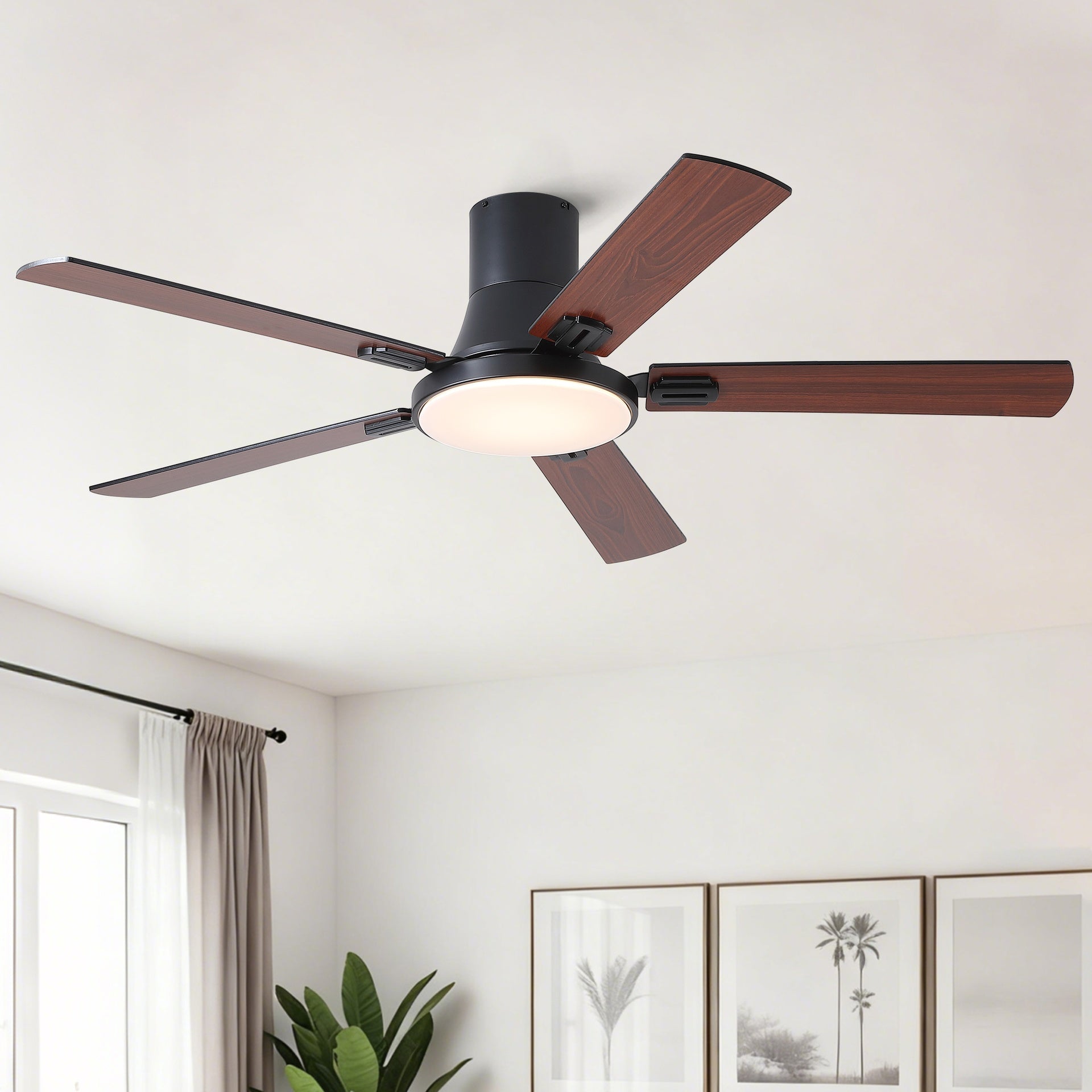 52 inch Mordern Minimalism Black Flush Mount Ceiling Fan with Light and Double-Sized Blades